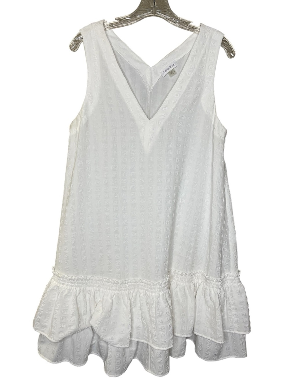 Calvin Klein women's white sleeveless V-neck ruffled A-line mini dress Sz 10 - Picture 2 of 5